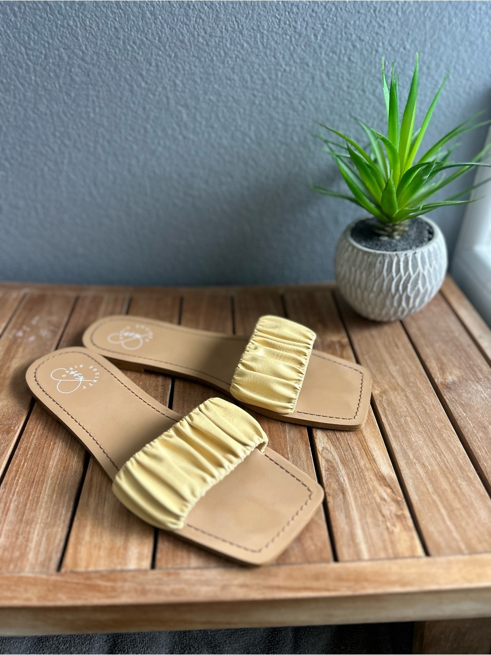 Ruched Strap Yellow Slide Sandals